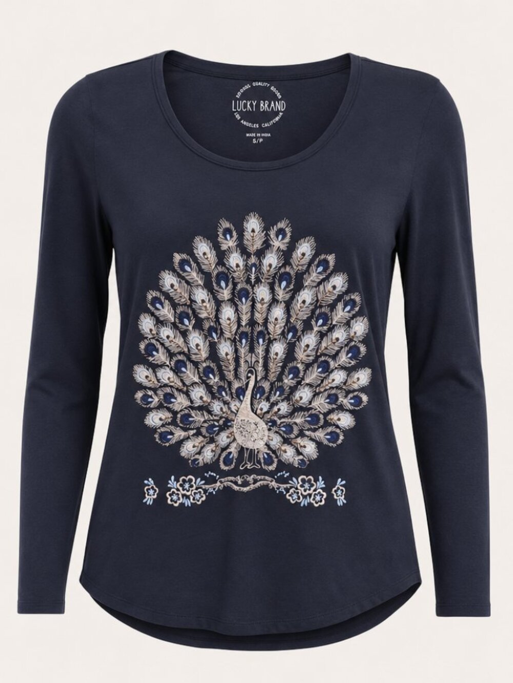 Lucky Brand Embroidered Embellished Dark Blue Peacock Long Sleeve Tee XS